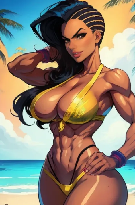 1 sexy woman, 25 yo,  (laura matsuda) (streetfighter) gta style, cowboy shot, mid distance shot, perfect eyes, perfect body, perfect hands, perfect lips, hourglass body, 34d breast, copa cabana beach, background, extremely detailed, ultra-realistic, dark h...