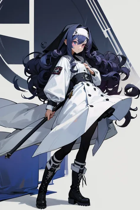 metal headband.punk.Long curly hair.Indigo hair.upstage.cute. walker boots. white coat.Nun.battle