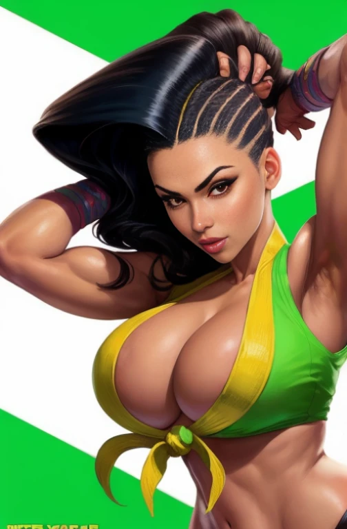 1 sexy woman, 25 yo,  (laura matsuda) (streetfighter), cowboy shot, mid distance shot, perfect eyes, perfect body, perfect hands, perfect lips, hourglass body, 34d breast, copa cabana beach, background, extremely detailed, ultra-realistic, dark hair, tanne...