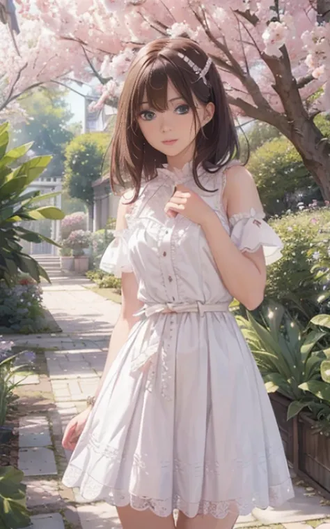 masterpiece++, best quality++, ultra-detailed+, extremely detailed++, 4K, 8K+, best quality, beautiful+, anime style,1person,full body image,spring,botanical garden,white lacefrill mini slipdress,narrow leather belt bound waist,beautiful straight pinkbrown...