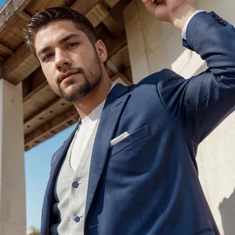 Male, brunette, muscular, blue eyes, light skin, small beard, hunter eyes, Mexican, suit