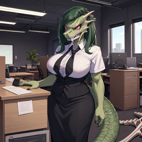 Female, solo, reptilian, voluptuous body, tall, standing, very dark green scales, reptilian face, exposed jaw bone, long reptile snout, decaying face, boney face, sharp teeth, clawed fingers, dark green hair, decaying body, exposed bones, pink eyes, annoye...