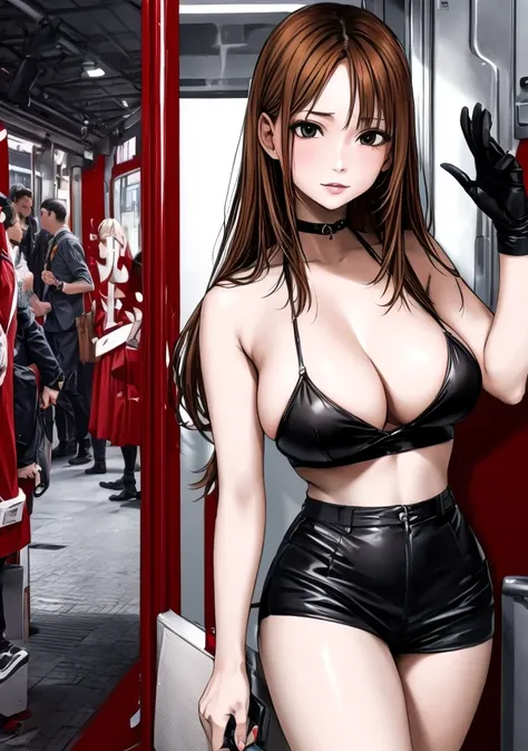 A beautiful adult woman with shoulder-length big breasts, beautiful legs, and a sharp face is standing on a train with middle-aged men in suits wearing a black umbilical tube top and black panty-like hot pants.。