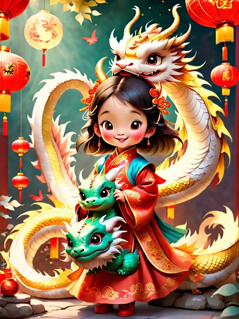 a delightful and vibrant scene capturing the essence of ancient chinese folklore with a cheerful 5-year-old princess and a fluff...