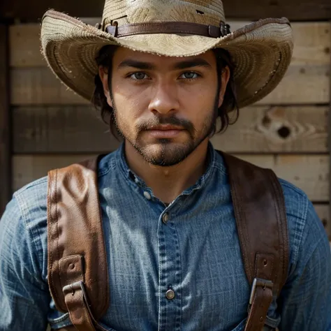 Male, brunette, muscular, blue eyes, light skin, small beard, hunter eyes, Mexican, cowboy, black cowboy hat, horse, 