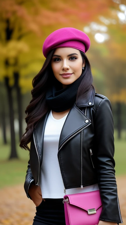 woman wearing a biker jacket, black beret, pink scarf, high boots, while is in a park, aw-dropping beauty, jaw dropping beauty, attractive face and body, attractive woman, a gorgeous beautiful dark brown haired girl, lovely woman, gorgeous woman, gorgeous ...