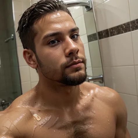 Male, brunette, muscular, blue eyes, light skin, small beard, hunter eyes, Mexican, showering, restroom