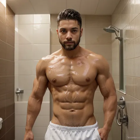 Male, brunette, muscular, blue eyes, light skin, small beard, hunter eyes, Mexican, showering, restroom back