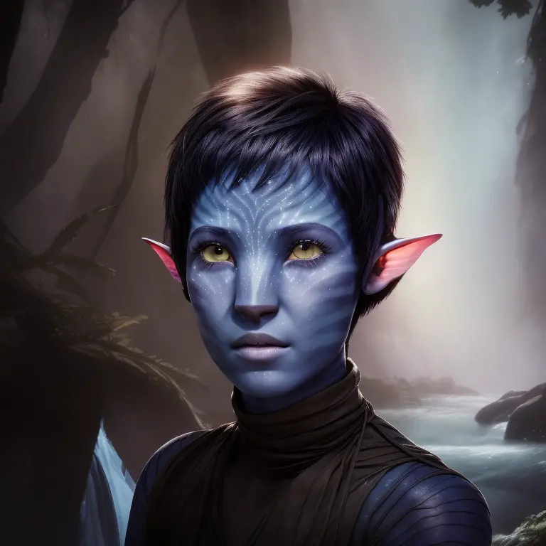 avatar style, portrait:1.6, 1girl, female, (blue skin tone:1.0), (short hair:1.0), one pair of pointy ears:1, pixie cut hairstyl...