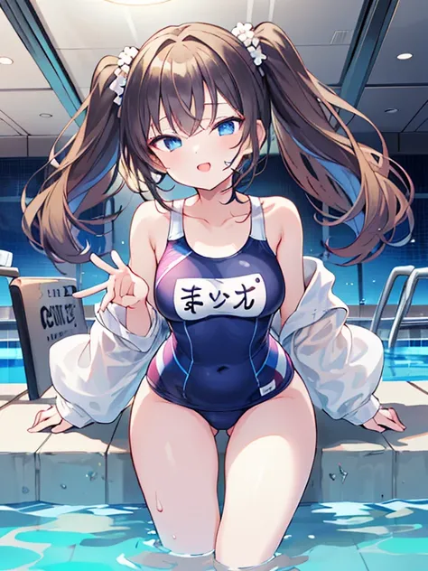 highest quality、master piece、very detailed、(1 girl):1.4、(Futuristic competitive swimsuit)、(Golden hair):1.3、twin tails、ショートtwin tails、(dark blue eyes):1.1,(Near the future)、indoor pool background