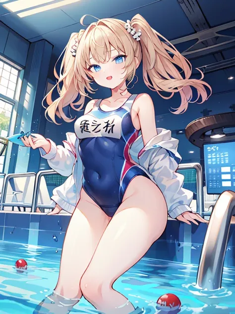 highest quality、master piece、very detailed、(1 girl):1.4、(Futuristic competitive swimsuit)、(Golden hair):1.3、twin tails、ショートtwin tails、(dark blue eyes):1.1,(Near the future)、indoor pool background