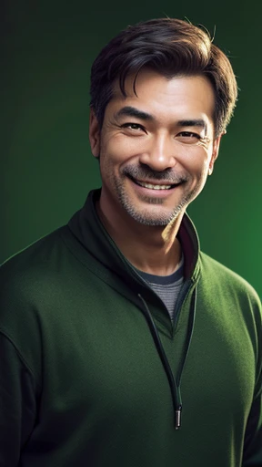 Middle-aged man with camera hanging from his neck、grin、oriental、I wore a sweatshirt、dressed in green、highest quality、masterpiece、ultra high resolution、(Photoreal:1.4)、No background、Upper body、highest quality、masterpiece、ultra high resolution、(Photoreal:1.4...