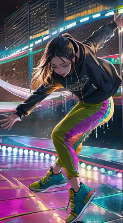  A young girl dancing vibrantly to pop music in a studio. Shes wearing fashionable street dance clothes - a cropped hoodie, leggings and sneakers. Moving energetically to the dynamic beat, waving arms in choreographed moves, ponytail swaying as she pops an...