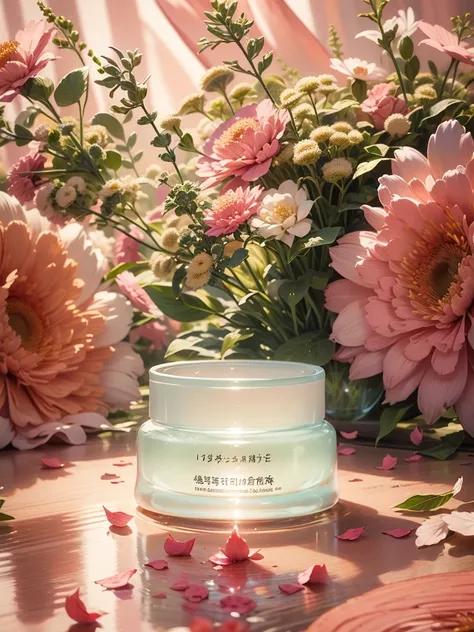 Refreshing Photos and Capture Ingredients of Moisturizing Face Cream。The stage features a fresh, soft green background and soft diffused lighting，Creates a fresh and sweet feeling。Place a beautifully designed Base in a prominent position in the frame，And d...