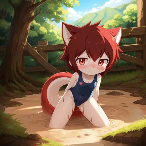 alone, red pupils, Detailed hair, young，one-piece swimsuit,Firmware version, furry anime, Bragon, very cute face, Blushed, young, Detailed background, Detailed fanart, pixiv, number, masterpiece, high quality, high resolution，stuck in mud，Covered in dirt，O...