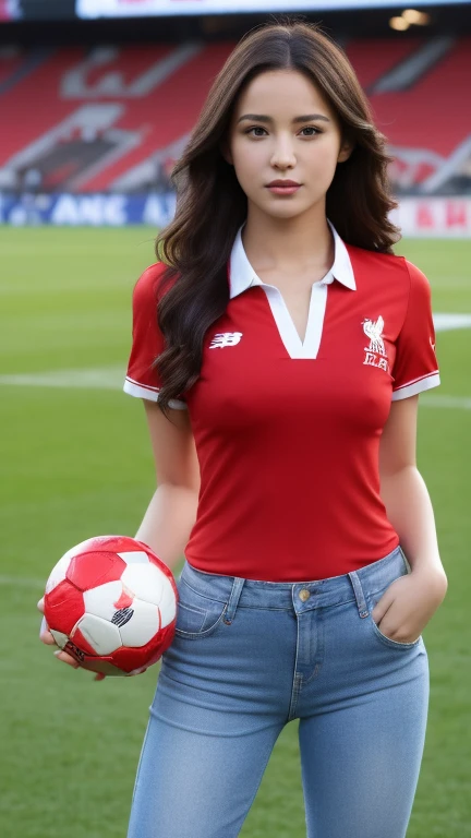 （realistic， high resolution：1.3）， 1 girl with a perfect body， Very detailed face and eyes，long hair， (Red Shirt：Liverpool Football Club player shirt 1.2)， short jeans， big girl，Revealing the cleavage, soccer ball in hand,(environment,Football Field)