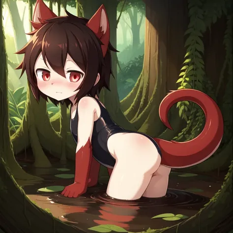 alone, red pupils, Detailed hair, young，one-piece swimsuit,Firmware version, furry anime, Bragon, very cute face, Blushed, young, Detailed background, Detailed fanart, pixiv, number, masterpiece, high quality, high resolution，black soil，stuck in mud，Covere...