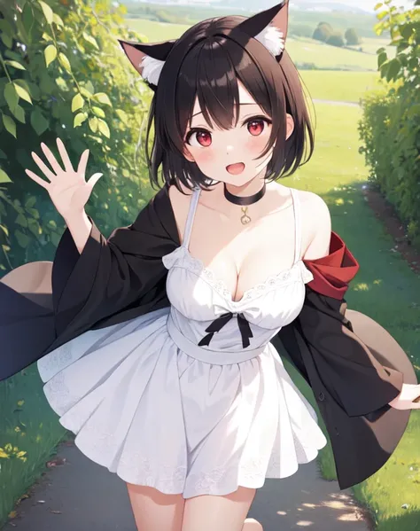 (((masterpiece))), catgirl, 1girl, solo, looking at viewer, short hair, black hair, cat ears, red eyes, cleavage, small breasts, open mouth, collarbone, black dress, outdoors, waving, happy, standing