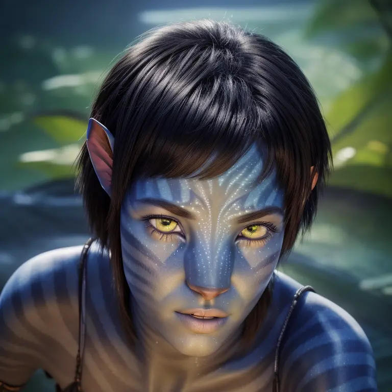 avatar style, portrait:1.6, 1girl, female, (blue skin tone:1.0), (short hair:1.0), one pair of pointy ears:1, pixie cut hairstyl...