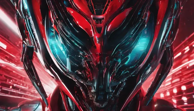 close up of an alien humanoid, ultra detailed face, red and black colors, red as dominant color, red neons, red lights, horror sci fi, ultra detailed, ultra realistic.