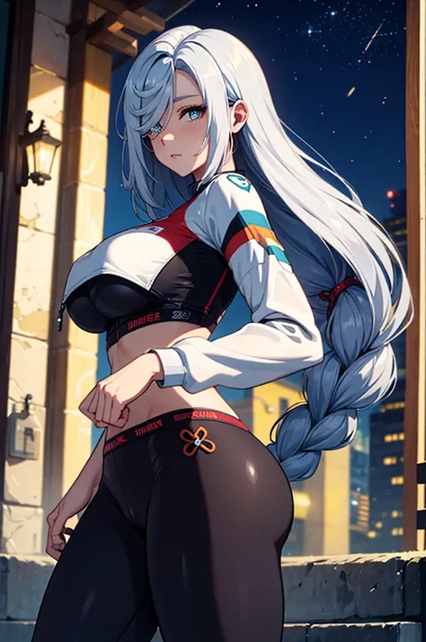 Shenhe, tight pants, sportswear, butt, seductive, thick thighs, night city view, realistic, best quality, masterpiece, ultra detail, ultra high res, extreme detail