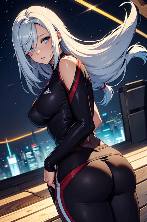 Shenhe, tight pants, sportswear, butt, seductive, thick thighs, night city view, realistic, best quality, masterpiece, ultra detail, ultra high res, extreme detail