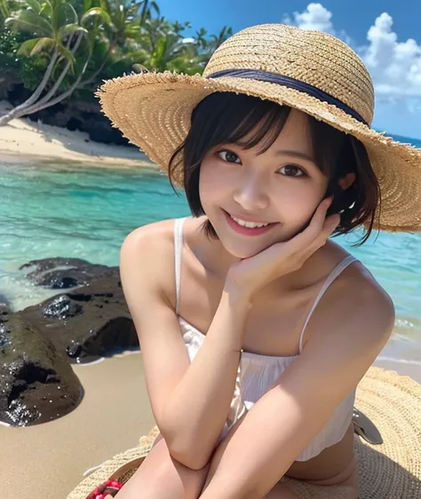 （master piece、8k、Raw photo、Reality）Japan Solo Women、background hawaii beach、short bob cut、one piece、straw hat、hair that feels like the wind、detailed chest、Bursting smile、Ecchi Pose、accessories、Wearing sandals