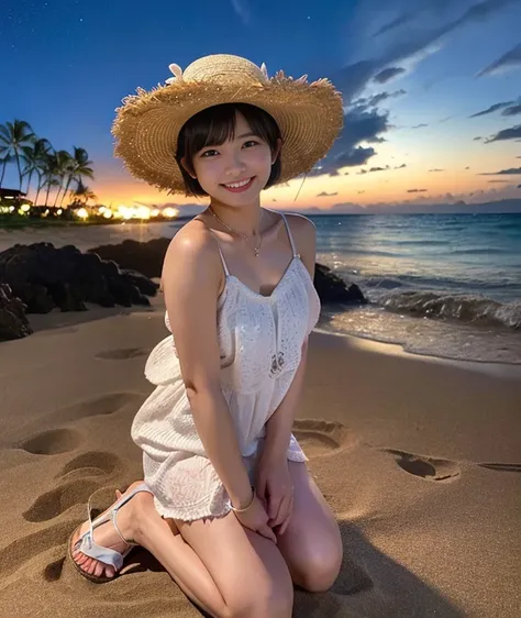 （master piece、8k、Raw photo、Reality）Japan Solo Women、night time、background hawaii beach、Starry sky、short bob cut、one piece、straw hat、hair that feels like the wind、Bursting smile、whole body、detailed body、accessories、Wearing sandals