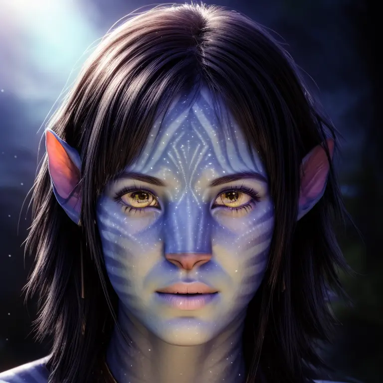 avatar style, portrait:1.6, 1girl, female, (blue skin tone:1.0), (short hair:1.0), one pair of pointy ears:1, pixie cut hairstyle, black hair color, 18 years old:1, face wrinkles, wearing tribal clothing, wearing a top:1, detailed eyes, toned body, glowing...