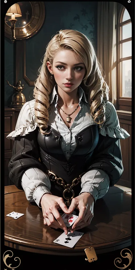 Highly detailed, High Quality, Masterpiece, beautiful, PlayingCards, 1slave girl, solo, holding, card, table, holding card, sitting, indoors, playing card, pov across table, closed mouth, looking at viewer, Forrest, Blonde hair, jacket on shoulders, neckla...