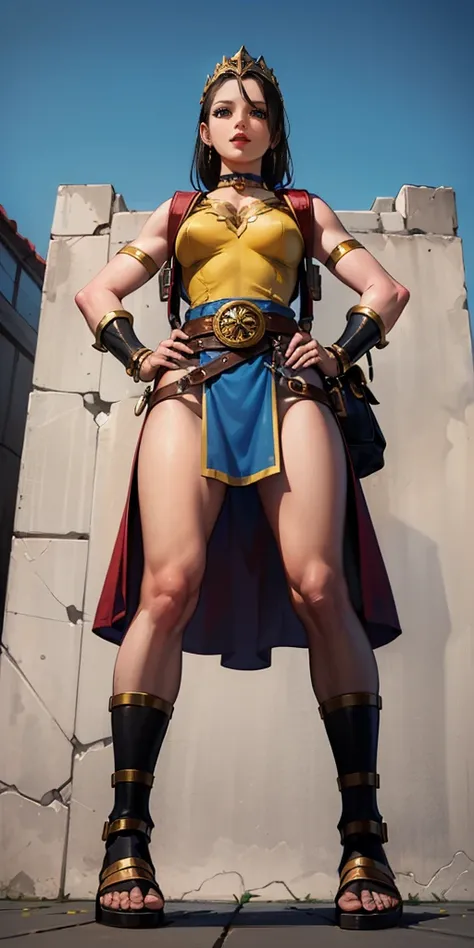 full body, whole body. 1solo (girl). slave fighter, loincloth standing, hands on hips full body, whole body. 1solo (girl). slave fighter, loincloth standing, hands on hips, metal sandals, backpack, choker, big belt, view from below, feet together, bracers,...