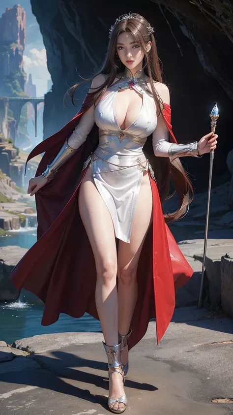 Woman in red silver dress, sexy, sexy outfit, ((Sexy Walk)), Immersive art station, ศิลปะFantasyที่มีรายละเอียด, Amazing character art, Excellent and neat character art, ((magic weapon)), beautiful armor, very detailed, red silver armor girl, Exquisite hea...