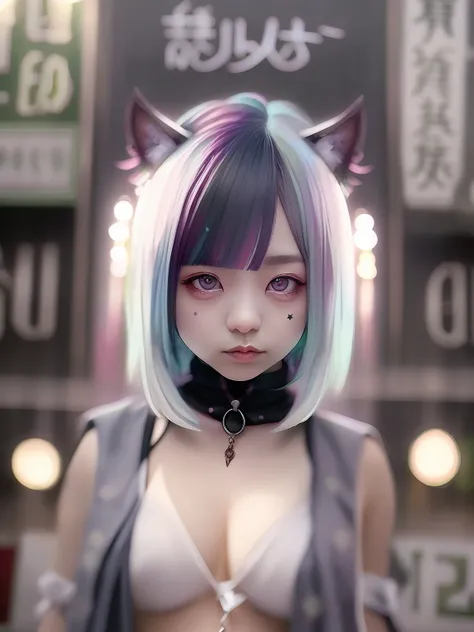 goth_punk, 1girl, solo, medium shot, walking in harajuku, ((night time)), bokeh, neon light, iridescent eyes, starry sky, white shimmer hair, white eyebrow, glowing hair, (iridescent white hair), earrings, bangs, jewelry, mask, blunt bangs, green eyes, mou...