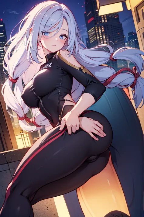 Shenhe, tight pants, sportswear, butt, seductive, thick thighs, night city view, realistic, best quality, masterpiece, ultra detail, ultra high res, extreme detail