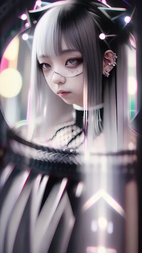 A dark-haired、A black、(((A dark-haired))),eye glass、Lunette de soleil、piercings、Forehead、Blunt bangs、Eyebrows are visible、The bikini、goth_punk, 1girl in, 独奏, medium shot, Walking in Harajuku, ((during night)), bokeh dof, Neon light, Iridescent eyes, starry...