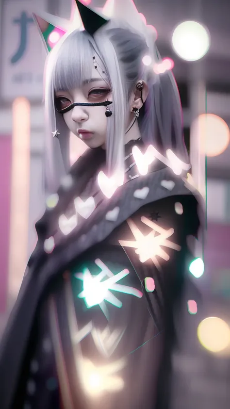 A dark-haired、A black、(((A dark-haired))),eye glass、Lunette de soleil、piercings、Forehead、Blunt bangs、Eyebrows are visible、The bikini、goth_punk, 1girl in, 独奏, medium shot, Walking in Harajuku, ((during night)), bokeh dof, Neon light, Iridescent eyes, starry...