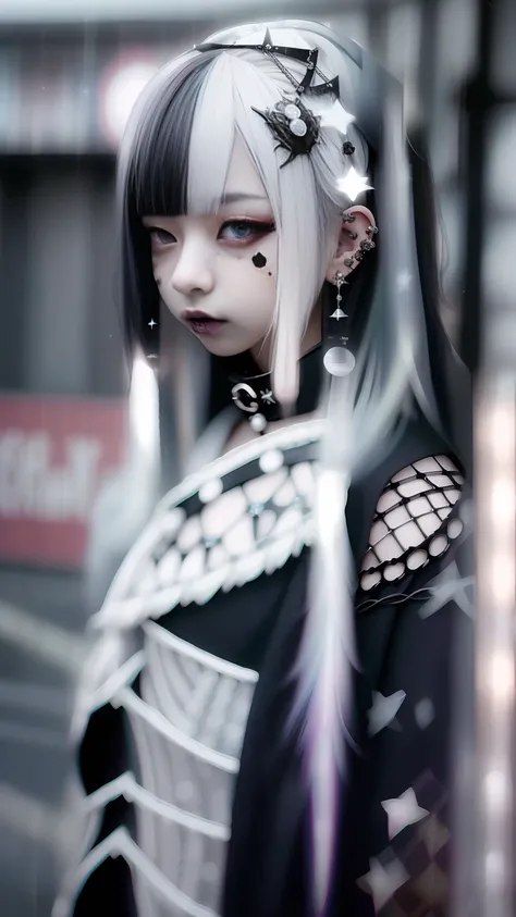 A dark-haired、A black、(((A dark-haired))),eye glass、Lunette de soleil、piercings、Forehead、Blunt bangs、Eyebrows are visible、The bikini、goth_punk, 1girl in, 独奏, medium shot, Walking in Harajuku, ((during night)), bokeh dof, Neon light, Iridescent eyes, starry...