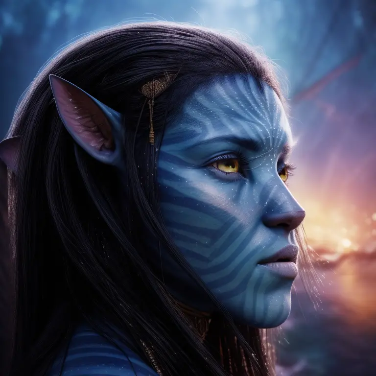 avatar style, portrait:1.6, 1girl, female, (blue skin tone:1.0), (long hair:1.0), one pair of pointy ears:1, long hairstyle, bla...