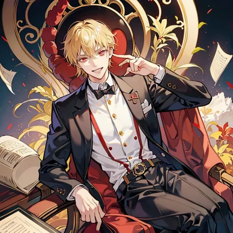 blonde anime guy sitting on a chair,red eyes, blazer, handsome anime pose, Blonde madman,grin,Nihilistic smile, Tall anime guy with red eyes, ring