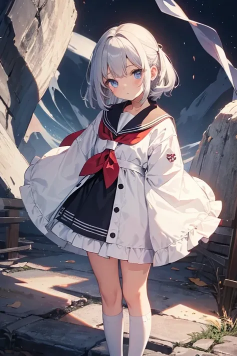 (highest quality、4K、High resolution、masterpiece)、silver hair、short hairstyle、Big eyes、young girl、Soft smile、sailor suit、Black shoes、white stockings、前面にwhole body写真、whole body、((Are standing))、one girl