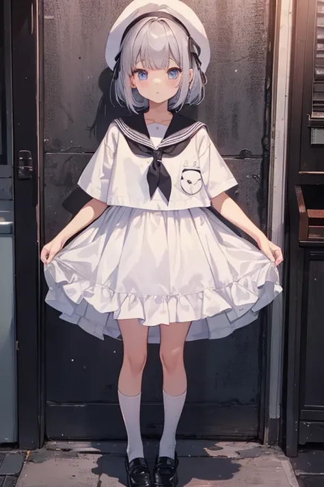 (highest quality、4K、High resolution、masterpiece)、silver hair、short hairstyle、Big eyes、young girl、Soft smile、sailor suit、Black shoes、white stockings、前面にwhole body写真、whole body、((Are standing))、one girl