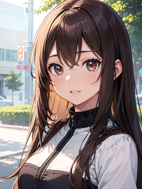 1 girl, anime, master piece, best quality, ultra-detailed, face close-up, brown long straight hair, beaming face, looking at viewer