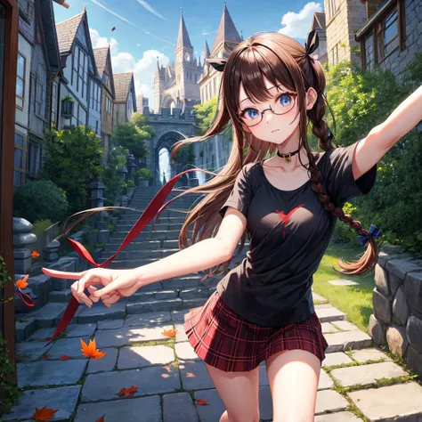 black brown hair、Red-blonde、blue eyes、Braid、one good looking girl、solo、anime、Plaid miniskirt、camisole、black t-shirt、Tilting your face、Doing the ribbon、Ribbon at waist、sunset sky、stone stairs、tunnel、Fallen leaves、wearing glasses、Burning、Light and shadow、maz...