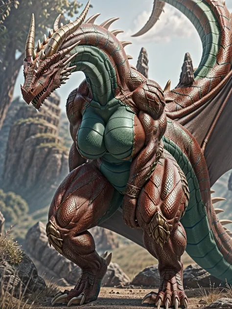 (Elder dragon), female red dragon, (scalie skin), large horns, ornate horns, (voluptuous), strong body, full body view, outdoors, ultra high quality, ultra sharp focus, 8k image