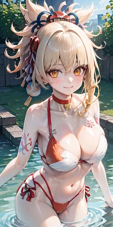 2 girls of the same height smiling in the water in the bathtub，No teeth exposed. Female twins， bright colors，natural lighting, best quality, Chest to chest, Put your left arm around the other person&#39;s waist, sunny masterpiece, Navel exposed, blush, Nav...