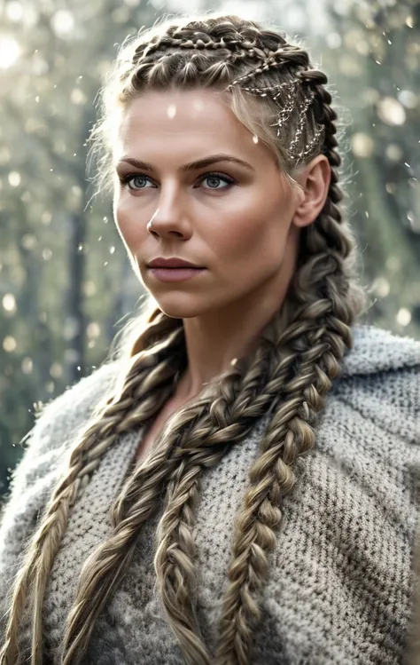 cinematic film still scandinavian girl, braided hair, viking, intense eyes, depth of field, blurry background, voluminetric ligh...