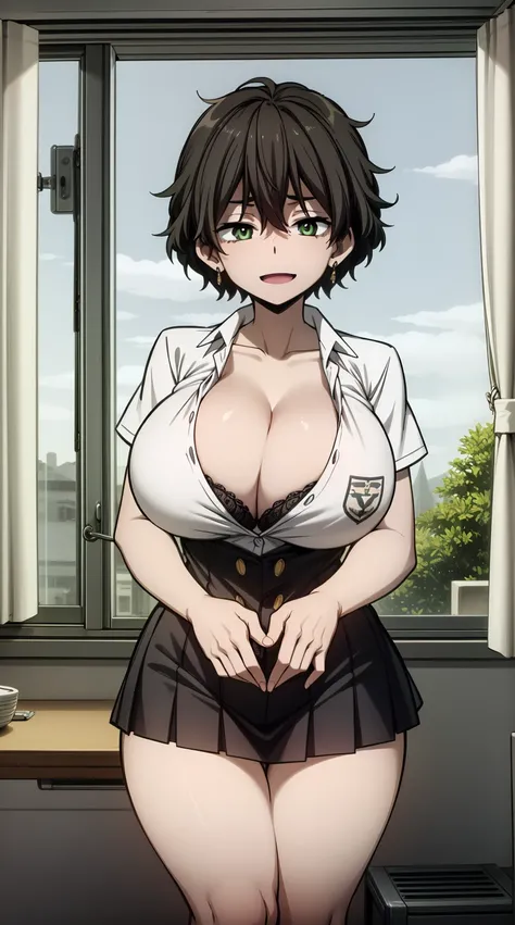  (Beautiful, Huge_Breasts:1.3), OREKI, GREEN EYES, MESSY BLACK HAIR, long hair, (very short skirt:1.4)

a sexy cartoon girl with very large breasts in a female outfit and school girl skirt, 1girl, breasts, ,bra, skirt, solo, shirt, between breasts, bangs, ...