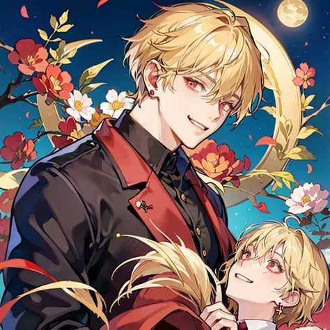 short blonde anime guy,red eyes, blazer, Blonde madman,grin and laugh,Wink, 背が高い red eyes,Star-shaped earrings,upper body up