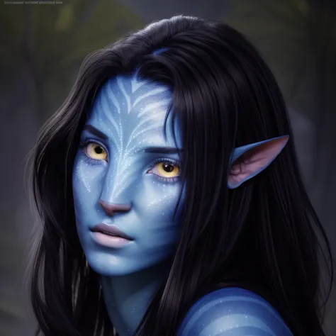 avatar style, portrait:1.6, 1girl, female, (blue skin tone:1.0), (long hair:1.0), one pair of pointy ears:1, long hairstyle, bla...