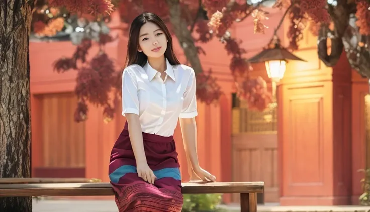 there is a traditional Burma Myanmar woman with a pink dress sitting on a bench in Bagan, Bangan pagoda background, nivanh chanthara, in style of lam manh, a young asian woman, lovely woman, mai anh tran, asian girl, an asian woman, Myanmar woman, traditio...